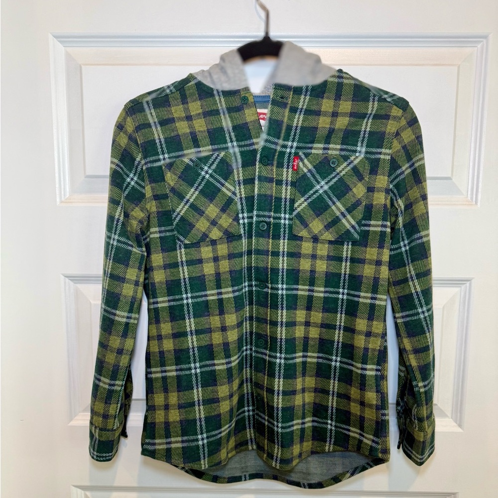 Levi's Youth Green and Gray Plaid Hooded Shirt